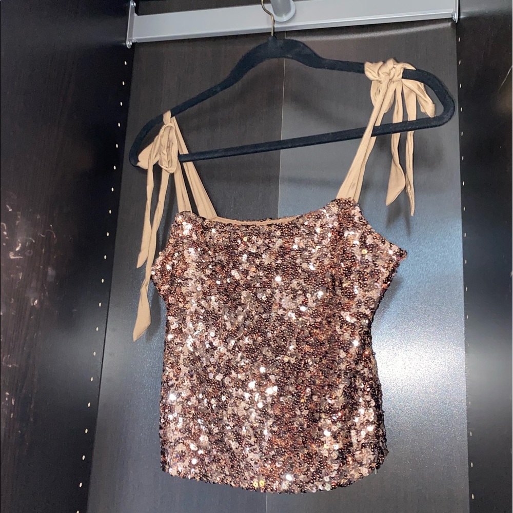 Copper sequin square line crop top with satin ribbon straps
